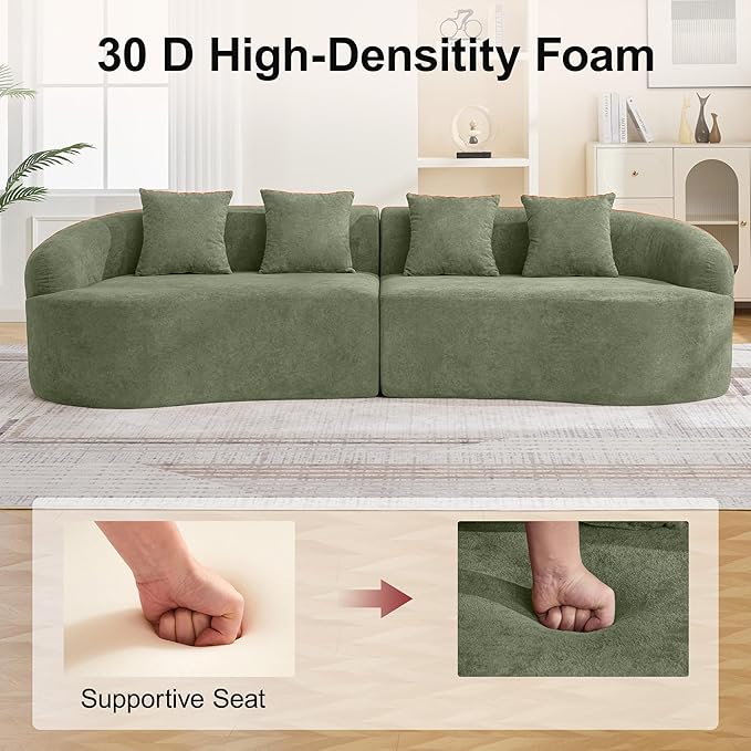 110.2" Curved Boneless Couch, Oversized Cloud Sofa with 4 Pillows, Modern 4 Seater Modular Sectional Sofa, Boneless Sectional Couches for Living Room, Curved Foam Couch, Green
