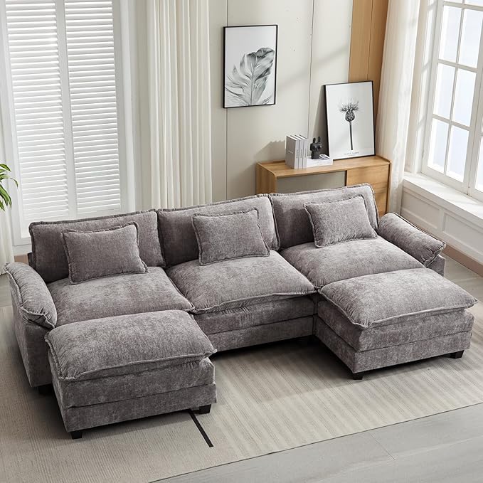 120" Modular Sectional Sofa, Comfy Cloud Couch Sectional Sofa with Ottoman, Chenille Sofa Sleeper Deep Seat Sofa with Throw Pillows for Living Room (Light Gray, 120"- U Shape)