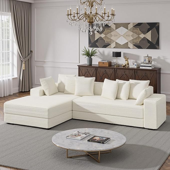 111'' Modular Sectional Cloud Couches with Chaise, L Shaped Extra Large Sleeper Couch Fluffy Corduroy with 8pcs Pillows for Living Room(Beige Left Facing Chaise)