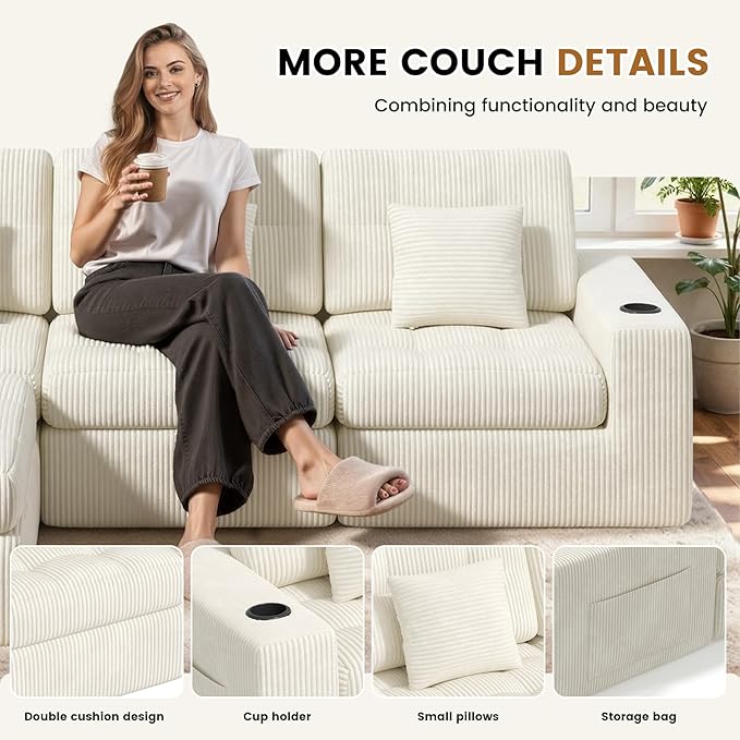112" L Shaped Cloud Boneless Couch,Modern Modular Sectional Sofa with Layered Cushion,No Assembly Convertible Corduroy Couches for Living Room,Beige 1 PCS