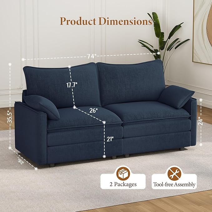 Vesgantti 74" Loveseat Sofa for Living Room, Comfy Cloud Couch Deep Seat Chenille Modern 2 Seater Small Sofa with Armrest Pillow, Easy Assembly for Small Spaces, Blue