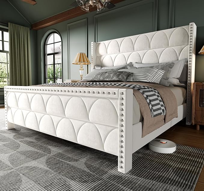 OHOHOLIVE King Size Bed Frame with 56" Headboard - Velvet Upholstered Wingback Platform Bed Frame, Noise Free, Sturdy Wooden Slat Support (Cream, King)