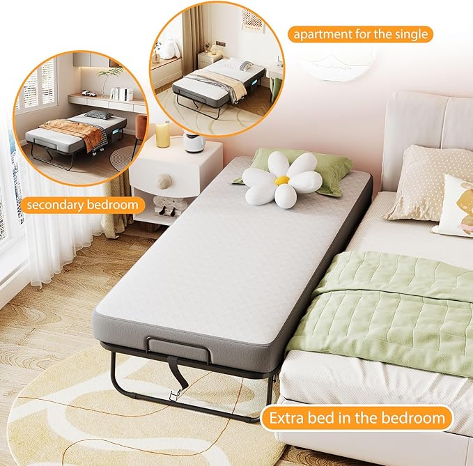 Folding Bed with Mattress, 75" x 31" Rollaway Bed with Memory Foam Mattress for Adults, Portable Foldable Guest Bed with Metal Frame, Luxury Single Bed for Home& Office Space Saving