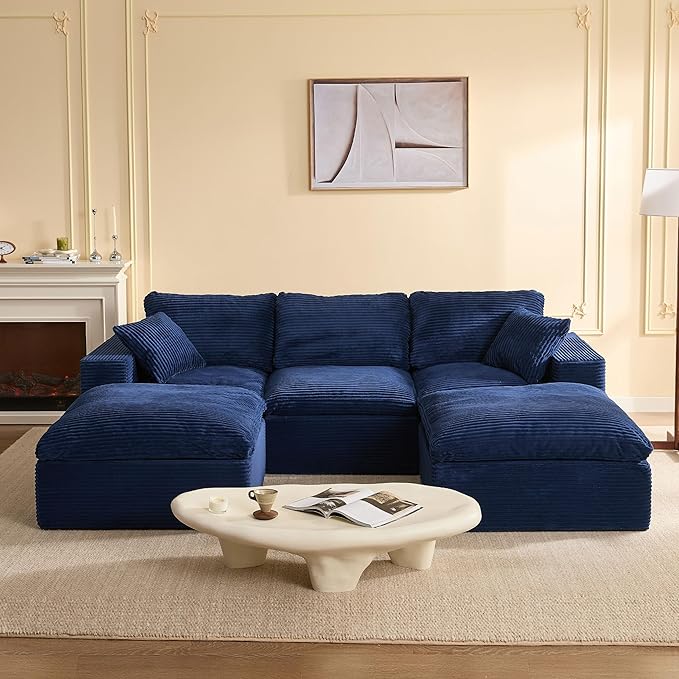 106.3” Sectional Couches for Living Room, Set of Cloud Couch, Modular Sectional Sofa, Convertible Sofas Bed, Deep Seat Sofa, U Shaped Cozy Sofa Furniture Set, Corduroy, Blue