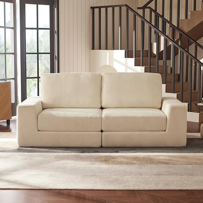Modular Sectional Sofa, 80.31" Modern Cloud Couch Sectional Sofa with L-Shaped Chaise Comfy Corduroy Fluffy Couch with Deep Seat Boneless couches for Living Room Bedroom, White