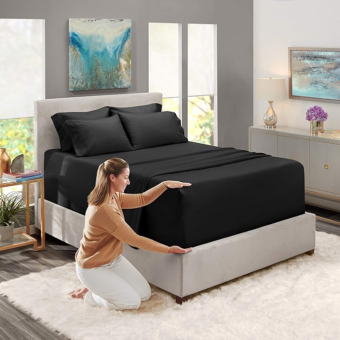 Hearth & Harbor Extra Deep Pocket Sheets - Fits Mattress 18-24 Inches Deep - Extra Deep Pocket Twin XL Sheets Sets - 4 Piece Twin XL Size - Black