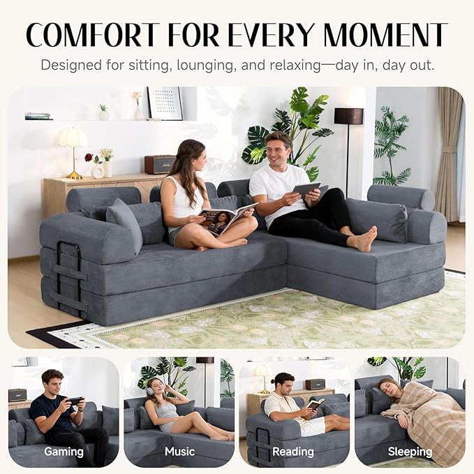 106" L-Shaped Modular Boneless Couch, 2-Piece System (2×70.87"), Convertible Sectional to 141.7" Straight Sofa, Corduroy Couch in a Box, Headrest & Back Pillows for Living Room, Dark Blue