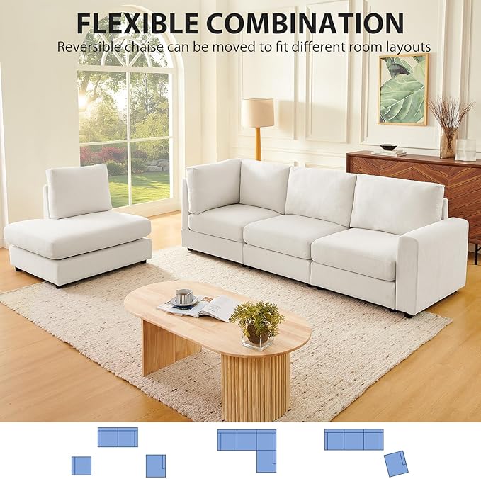 100” L-Shaped Couch with Reversible Chaise, Chenille Modular Sectional Sofa, 4-Seater Corner Couch for Living Room, Apartment, Beige