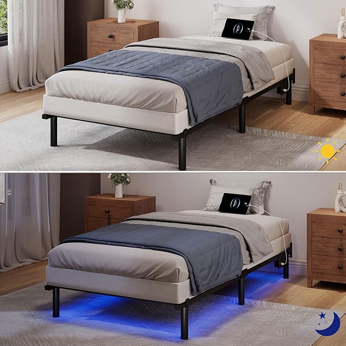 SHOANED Twin Size Bed Frame with LED, 7 Inch Metal Steel Bedframe for Box Spring and Mattress, Heavy Duty Basics Bed Base with Charging Station, Noise Free, Easy Assembly, Black