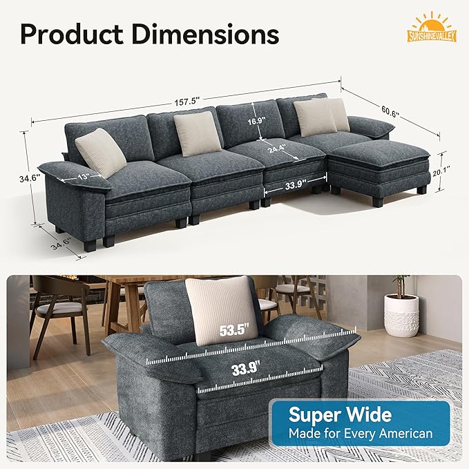 L Shaped Modular Cloud Couch, 157.5'' Oversized Chenille Sectional Sofa with Wider Armrest and Ottoman, Upholstered 5-Seat Modern Deep Seat for Bedroom Living Room, Cyan