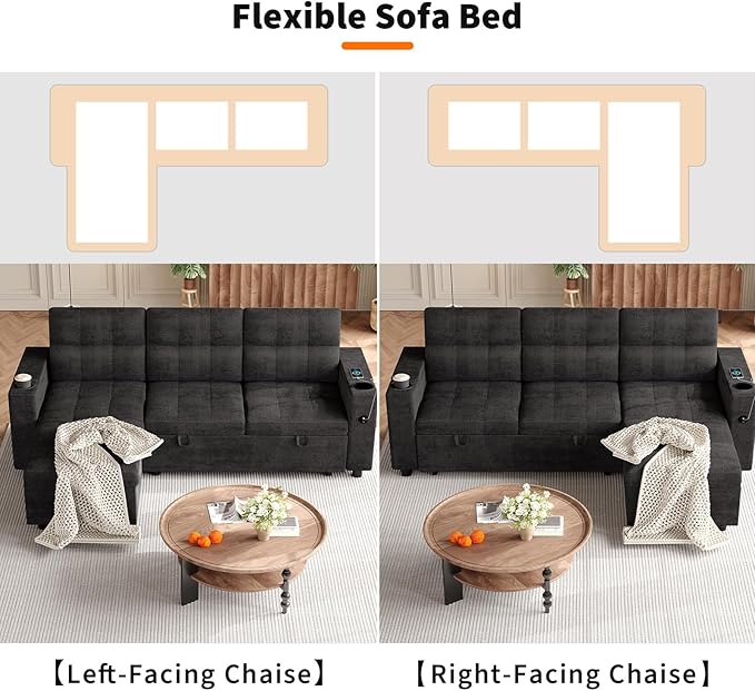 Garvee Couches for Living Room, 84'' Sofa Bed，l-Shaped Sectional Sleeper Sofa with Pull Out Bed，Reversible Storage Chaises， Hidden Storage Armrests，Cup Holders & USB Charging Ports