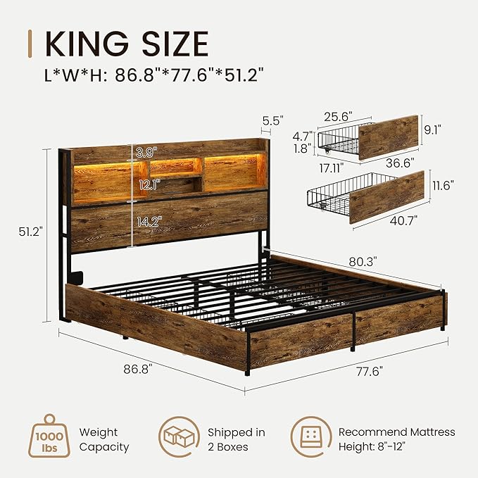 BRELTAM King Storage Bed Frame with 6 Drawers, USB Charging Station, No Noise, No Box Spring Required, Vintage Brown Headboard Platform Bed