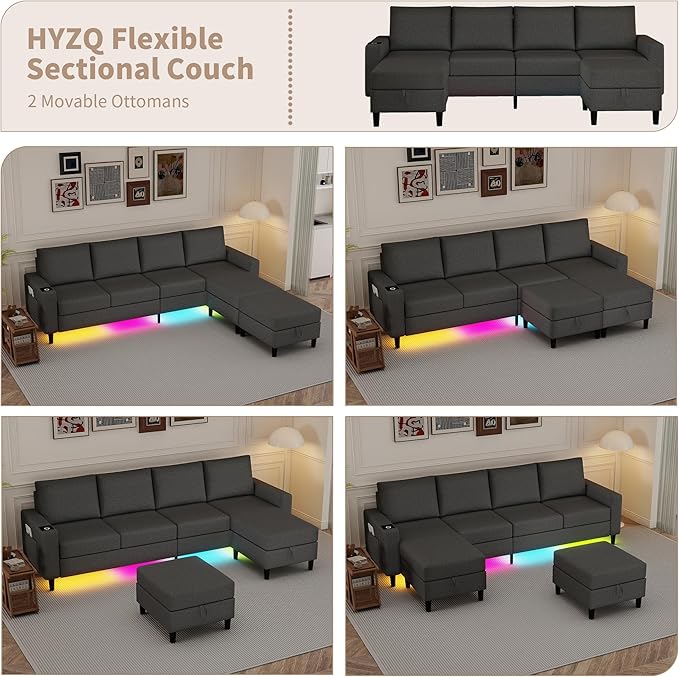 Sectional Couches for Living Room, 109" U Shaped Cloud Couch with Chaise Lounge/Storage Ottoman, 4 Seat Linen Sectional Sofa with Smart Module-Wireless Charging/USB/Type-C/RGB Lights (Dark Grey)