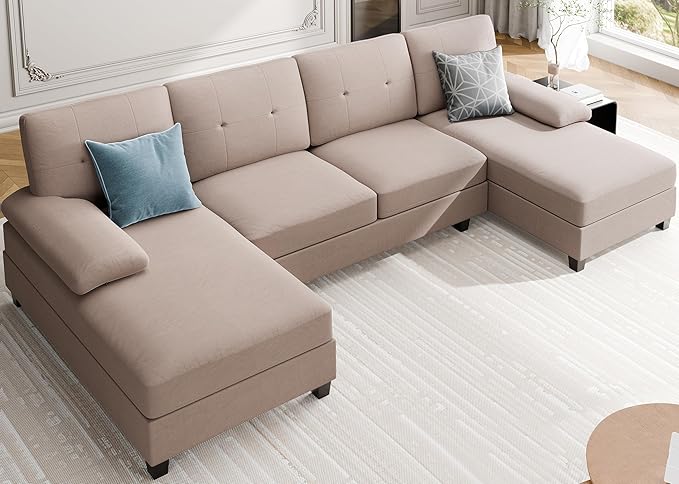 Meilocar Sectional Couches for Living Room, 106 in U Shaped Couches for Living Room, 4 Seat Sofa with Armrest, Sectional Couch for Apartment, Beige