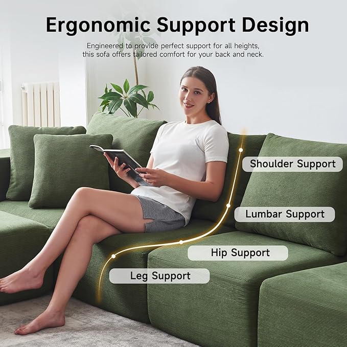 CUGOAO 152'' Modern Boneless Couch, Oversized 2-in-1 Modular Sectional Sofa Bed, Extra Deep Seat Upholstery Cloud Couch, Boneless Couches for Living Room, No Assembly Required, Green Corduroy