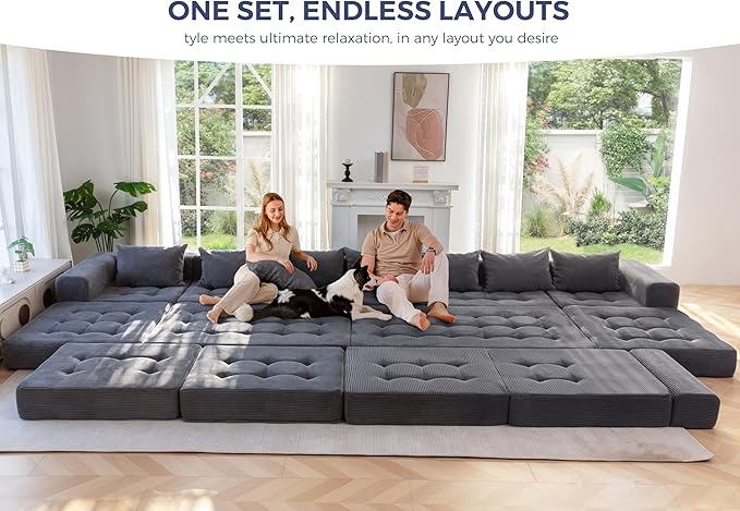 MAXYOYO Modular Sectional Sofa Couch, Foldable Oversized U Shaped Cloud Couch with Pillows, Tufted Boneless Sleeper Lounger Floor Sofa Bed for Living Room, No Assembly Required, Dark Grey