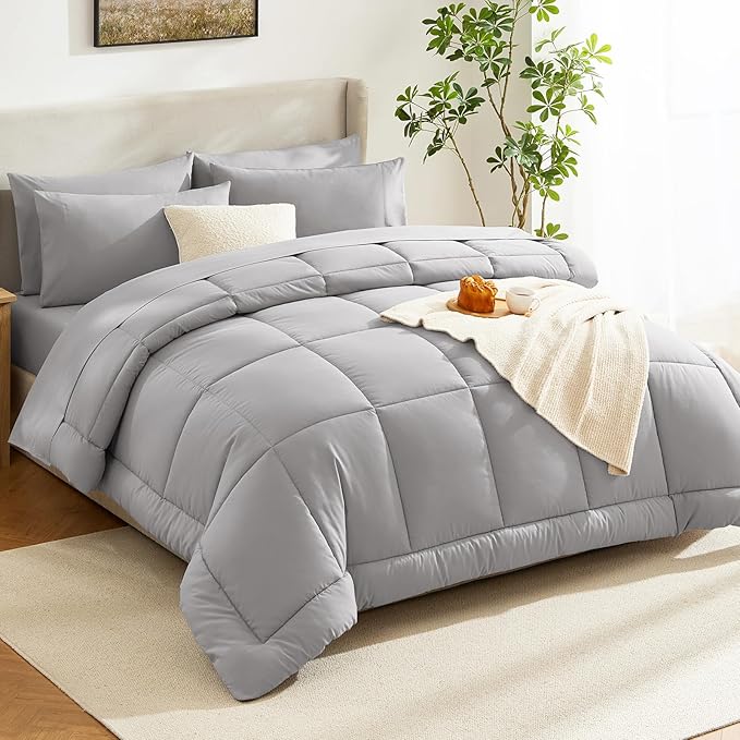 CozyLux Queen Comforter Set French Grey, 7 Pieces Bed in a Bag, Gray Comforters Queen Size, All Season Bedding Sets with Stitch Quilted Comforter, Flat Sheet, Fitted Sheet, Pillowcases