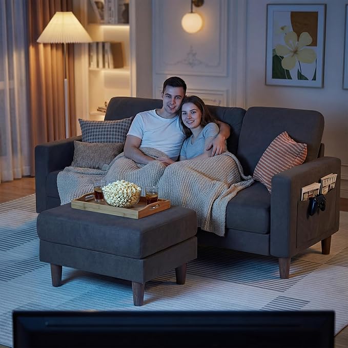 YESHOMY L-Shaped Sofa Couch, Small Couch with Reversible Chaise and Ottoman, Convertible Sectional Comfy 3 Seat Sofas with Side Pockets for Apartment and Living Room (Dark Gray)