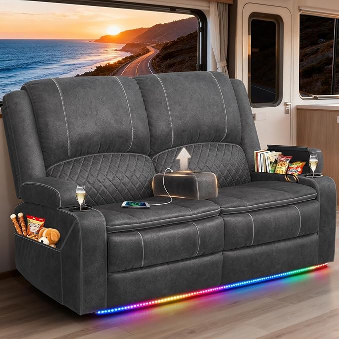 RV Loveseat Recliner Wall Hugger, Manual RV Reclining Loveseat with Removable Armrest, 3X Adjustable Theater Wall Hugger Loveseat Recliners with USB Ports, Cup Holders, Multi-Storage (Velvet,Grey)