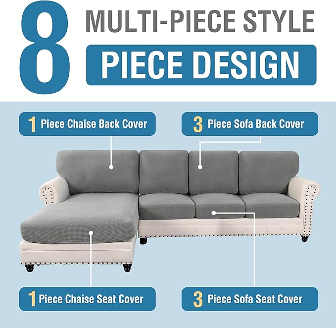 H.VERSAILTEX 2025 New Sectional Couch Covers 8 Pieces Stretch Sofa Covers for Sectional Sofa Set Separate L Shaped Couch Cover for Both Left/Right Couch (Seat and Back: 1 Chaise + 3 Sofa, Dove)