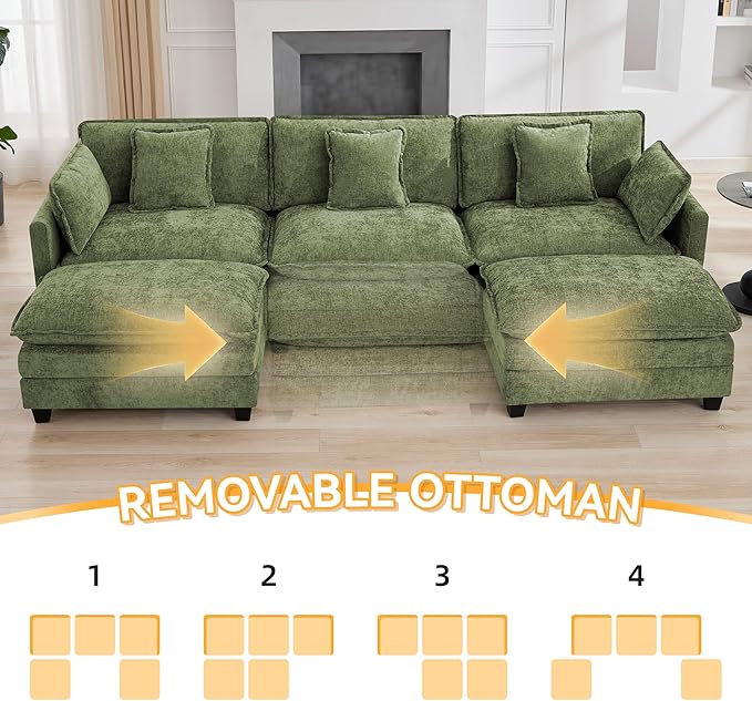 111'' Sectional Cloud Deep Seat Couch, Oversized Chenille U Shaped Sectional Sofa for Living Room Set, Comfy Upholstered Modular 3-Seats Sectional Sofa Couch with 2 Movable Ottoman, Green
