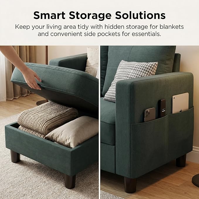 SUNLEI Convertible L-Shaped Sectional Couches for Living Room, Space-Saving 3-Seat Couch for Small Apartments & Living Rooms, Linen Fabric, Grey | L-Shaped