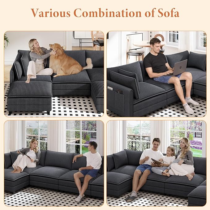 Vesgantti 143" L Shaped Modular Sectional Couch, Comfy Corduroy Upholstered Cloud Couches for Living Room, Modern 3 Seater Sofa with Movable Ottoman & Throw Pillows, Dark Grey
