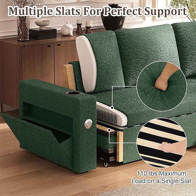 Sleeper Sofa Bed, 4-in-1 Pull Out Couch with Reversible Chaise | Dual USB & Type-C Charging | Dual Cup Holders | Layered Storage (Armrest + Chaise) for Living Room (Classic Green)