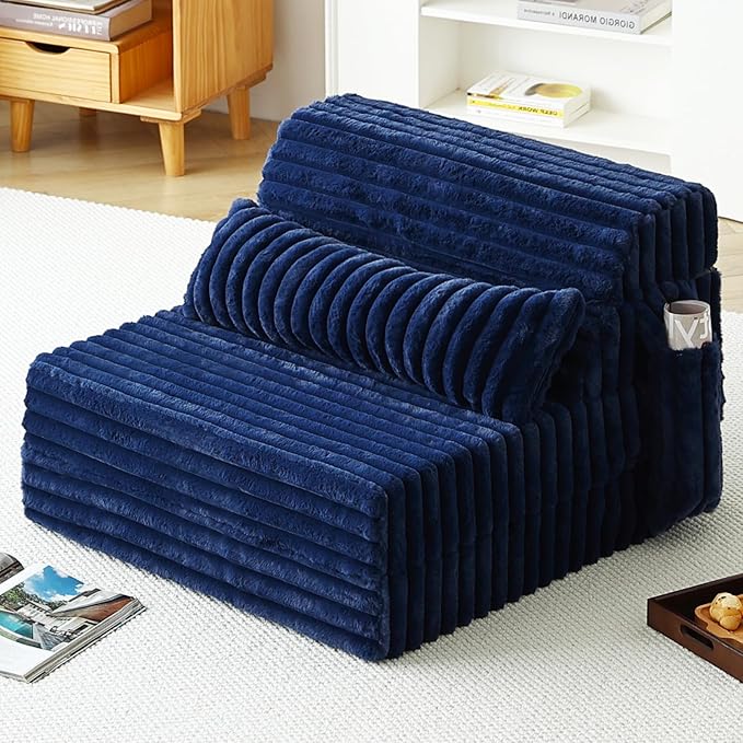 Tiita Folding Sofa Bed Single Size, Convertible Sleeper Chair Mattress with Pillow, Thick Corduroy Floor Mattress Couch Bed with Side Pocket, Guest Room, Dorm, Apartment, Navy