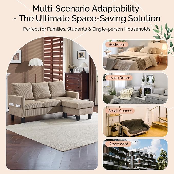 VINGLI 68.5' L Shaped Couch with Movable Storage Ottoman, Convertible Sectional Sofa in Soft Corduroy Fabric, Modern Reversible Chaise Couch for Small Spaces, Apartment, Living Room，Khaki