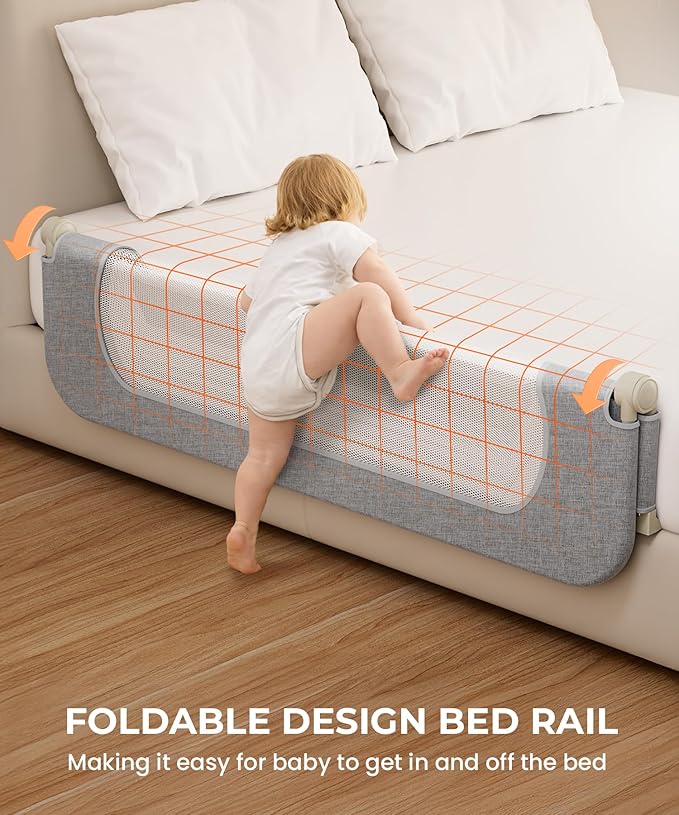 Bed Rail for Toddlers,Foldable & Swing Down,Gap Free Safety Anti-Pinch Double Crossbar Bed Guard More Stability,Quick No-Tool Installation for Twin, Full, Queen, King Beds (Gray, 47in)