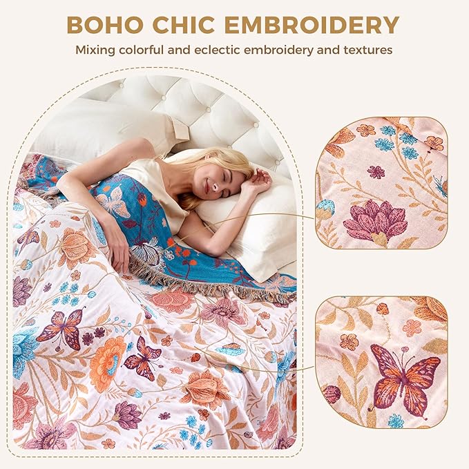 LUTBM Boho Throw Blanket for Couch Sofa Chair Cotton Spring Blankets for Bedroom Living Room All Season Soft Lightweight Reversible Floral Butterfly Embroidery Decorative Throws 50"x60" Home Decor