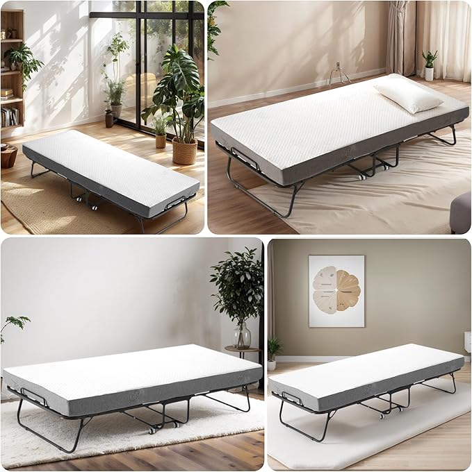 Decofy Folding Bed with Memory Foam Mattress, Portable Rollaway Guest Beds on Wheels, 75"x31" Twin Size Space-Saving Cot-Size Bed for Adults with Easy Assembly Metal Frame (White)