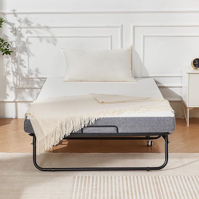 MELLCOM Large 75" x 46"Folding Bed with Mattress,Foldable Rollaway Bed with Mattress for Adults, 5 Inch Memory Foam Mattress,Portable Beds with Metal Frame&Side Pocket