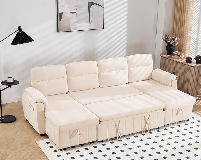 Tbfit 108'' Pull Out Sofa, Cloud Sleeper Sofa Bed with USB & 2 Storage Chaises, Comfy Oersized U Shaped Convertible Sectional Sleeper Couches for Living Room, Apartment, Office, Beige