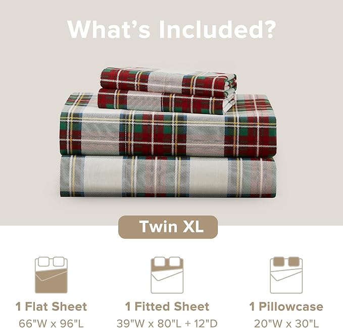 Comfort Spaces 100% Cotton Sheets Twin XL, Breathable, Naturally Cool Cotton Sheets, Cotton Bed Sheets 12" Elastic Pocket Fits up to 14" Mattress, All Seasons Sheet Set, Scottish Plaid Red 3 Piece