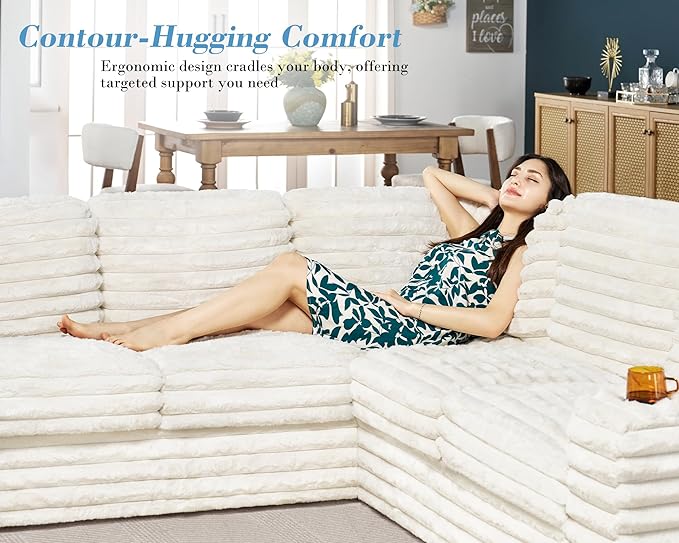 PaPaJet 112 Inch U Shaped Couch, Oversized Couch with Storage, Sectional Sofa with Chaise & 2 USB Ports, Faux Fur White Sofa