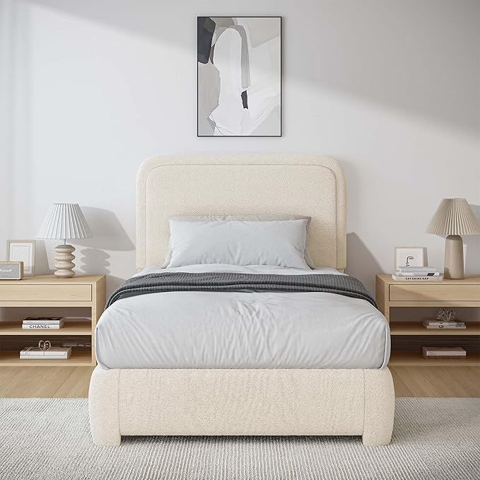 BarnFurin Twin Size Bed Frame,Cloud Boucle Upholstered Platform Bed Frame with Headboard, Soft Rounded Corners, No Box Spring Required, Non-Slip and Noise-Free, Easy Assembly, Cream