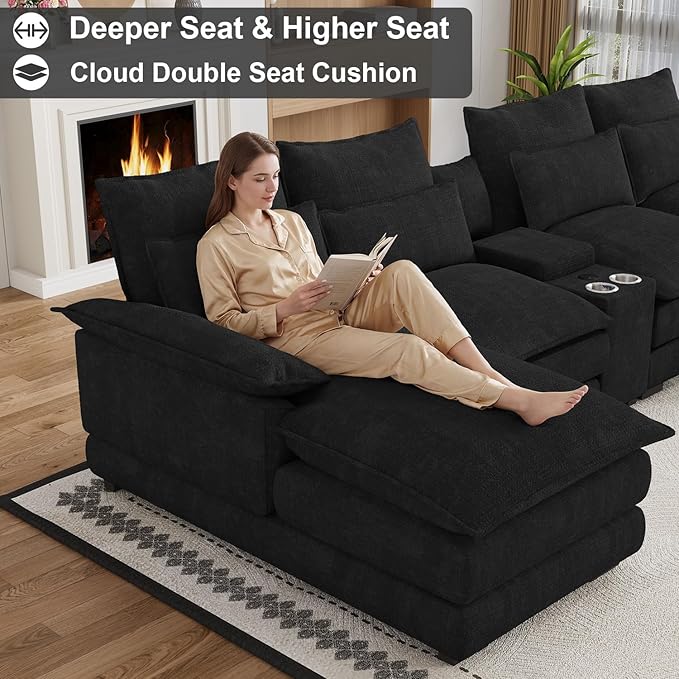 135" U Shaped Cloud Couch Sectional Modular Sectional Couches for Living Room Oversized Comfy Chenille Sofa Cloud Couch Set with Storage Central Console, USB Ports, Chaise Lounge, Ottoman, Black