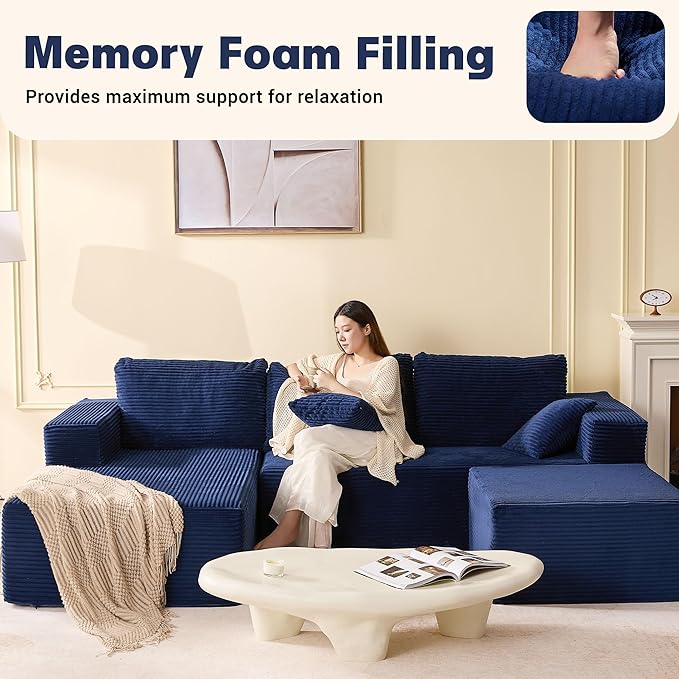 107" Boneless Couch with Deep Seat, Set of Modular Sectional Sofa, Cloud Sectional Couch for Living Room, No Assembly Required, Corduroy, U-Shape 3 Seater Left, Blue