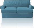 PrinceDeco T Cushion Loveseat Slipcover - 3 Pieces Sofa Cover for 2 Cushion Couch with 2 Individual T Shape Seat Covers Width Up to 76 Inch - Stretch, Machine Washable, Storm Blue