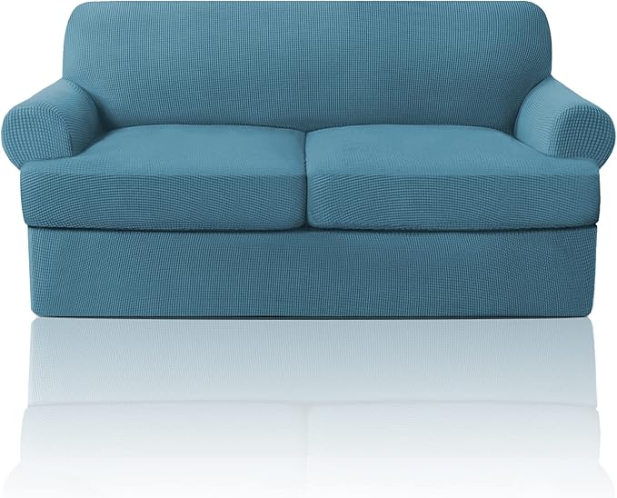 PrinceDeco T Cushion Loveseat Slipcover - 3 Pieces Sofa Cover for 2 Cushion Couch with 2 Individual T Shape Seat Covers Width Up to 76 Inch - Stretch, Machine Washable, Storm Blue