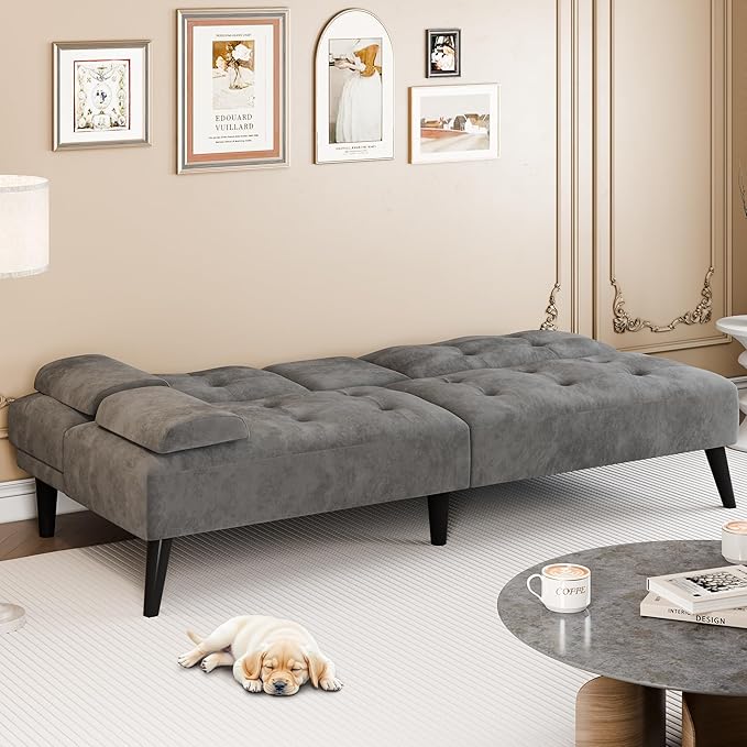 Meilocar 64" Futon Sofa Bed, Convertible Loveseat with 2 Cup Holders, Small Couch with 3 Adjustable Angles & Armrests, Sleeper Sofa for Apartment, Office, Dark Grey | small couch