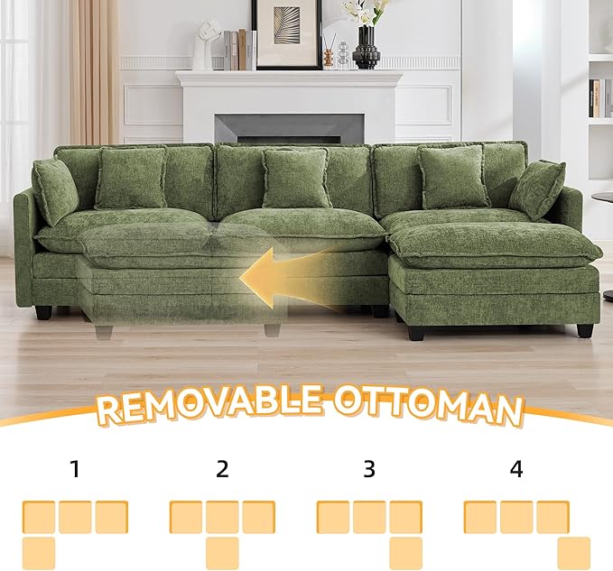111'' Cloud Deep Seat Sectional Couch, Modern Comfy Chenille L Shaped Sectional Sofa with Movable Ottoman, Upholstered Modular 4-Seater Sofa Couch for Living Room, Green