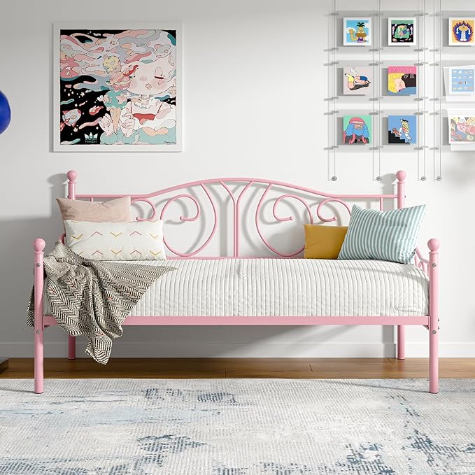 VECELO Metal Daybed Frame Multifunctional Platform Bed Sofa Mattress Foundation with Classic Headboard, Twin, Pink