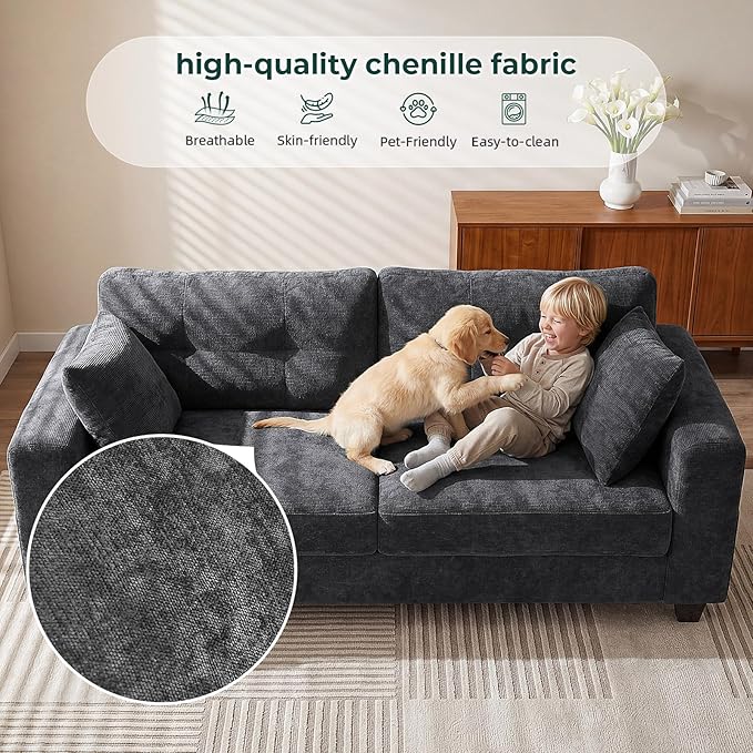 70" Loveseat Sofa for Living Room, Modern Chenille Cloud Couch with USB/Type-C Charging Ports, Side Pockets, Removable Cover, Wide Armrests, Small Couch for Small Space, Easy Assembly, Grey