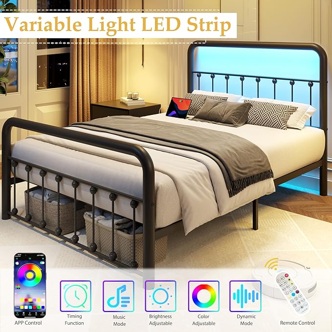 Fluest 14 Inch Full Bed Frame Classic Metal Platform Bed Frame with Charging Station & LED, Victorian Style Iron-Art Headboard/Footboard, Under Bed Storage, No Box Spring Needed, Noise Free