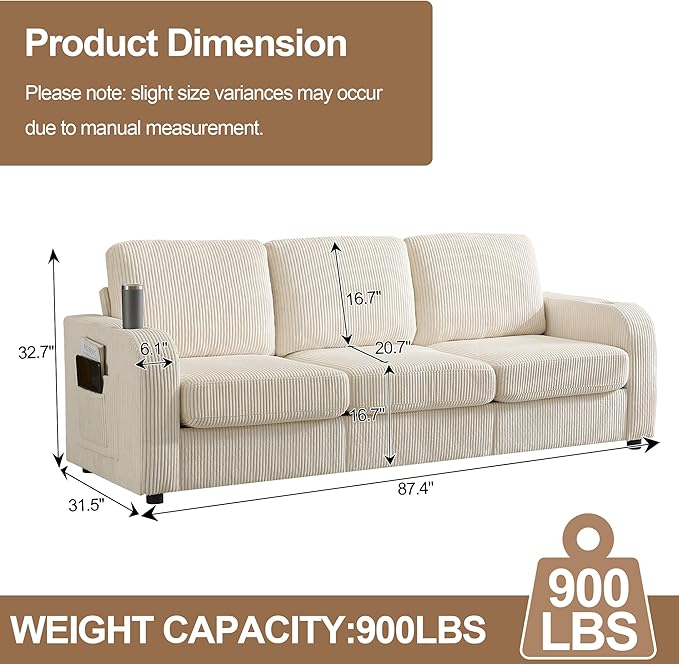 87.4" Oversized 3 Seater Couch,Upholstered Sofa for Living Room,Modern Deep Seat Comfy Loveseat Couches with Cup Holders, Love Seat Sofa Corduroy (Beige)