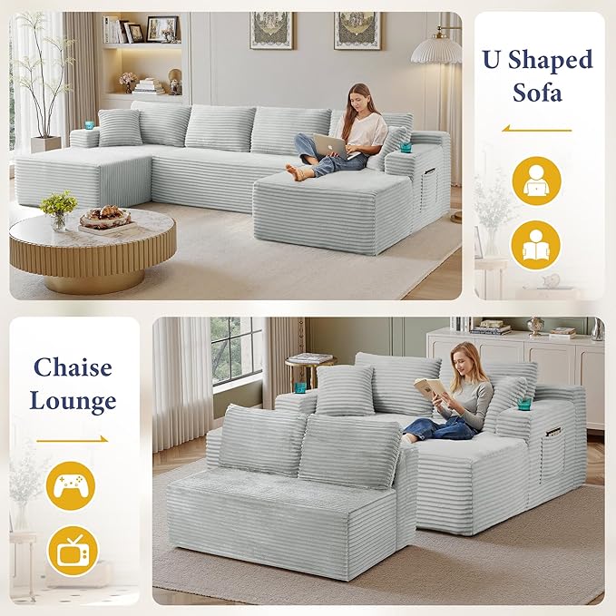 133" Sectional Couches for Living Room Cloud Couch Sofa with L-Shape Upholstered Boneless Couchs Modern Modular Sectional Couch with Chaise (Light Grey, 133" W+U Facing Chaise)