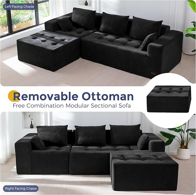 MAXYOYO Modular Sectional Sofa Couch, L Shaped Modern Cloud Couch with 1 Ottoman, Sofa in A Box, Tufted 4-Seat Boneless Sleeper Chair for Living Room, No Assembly Required, Black